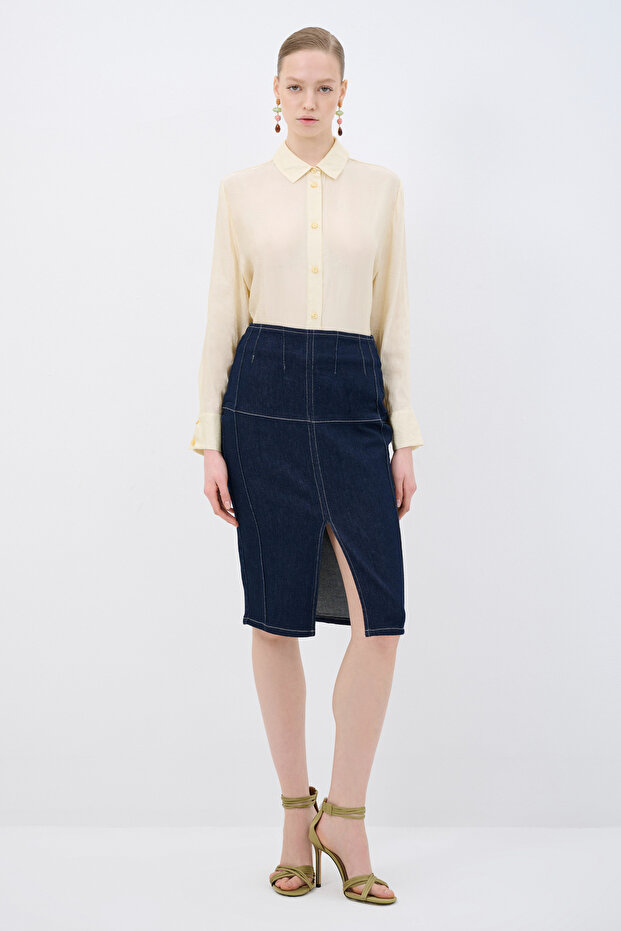 Yırtmaçlı Denim Etek - 1