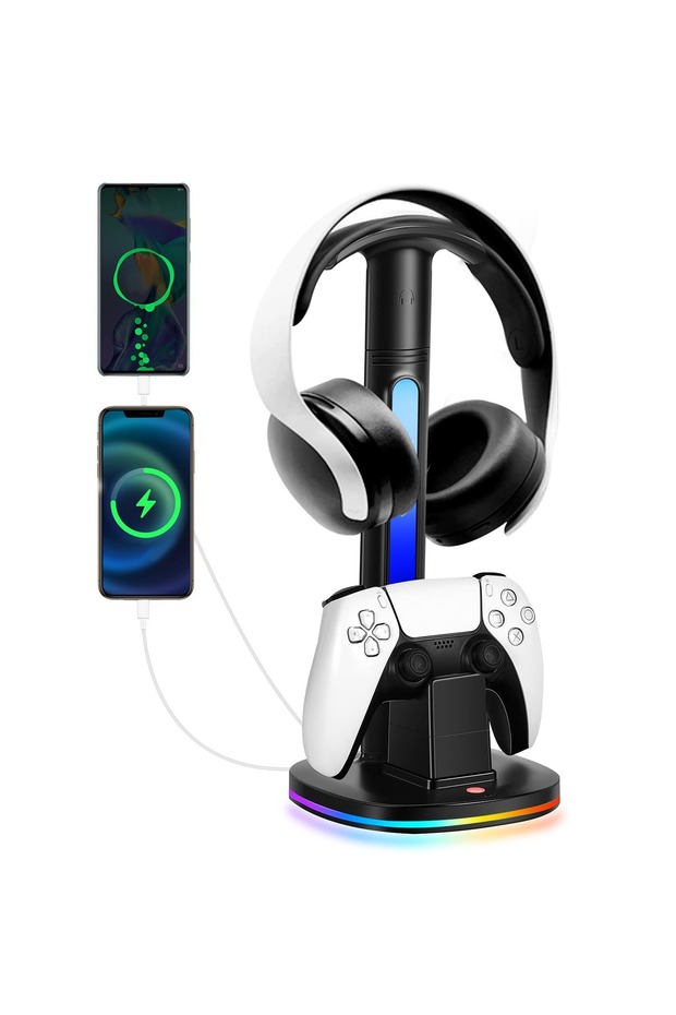 محطة شحن للتحكم مع حامل سماعات رأس بإضاءة RGB لجهاز PS5، حامل شحن مع منفذي USB، حامل سماعات رأس لقاعدة شحن جهاز بلايستيشن 5، أسود