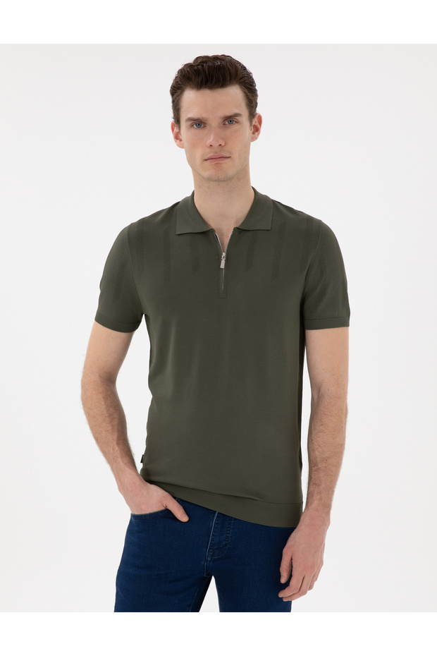 Khaki Slim Fit Zippered Polo Neck Knitwear T-Shirt 50305984-Vr027