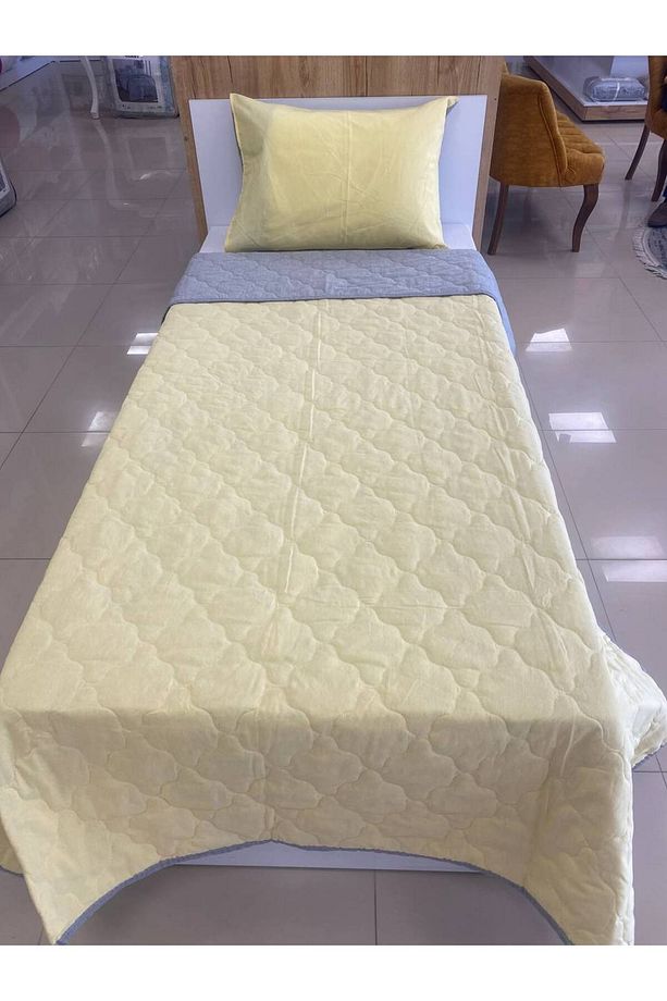 Tek Kişilik Kapitoneli Çift Taraflı Yatak Örtüsü Takımı Genç Çocuk Odası Yatak Örtüsü Gri Sarı - 1