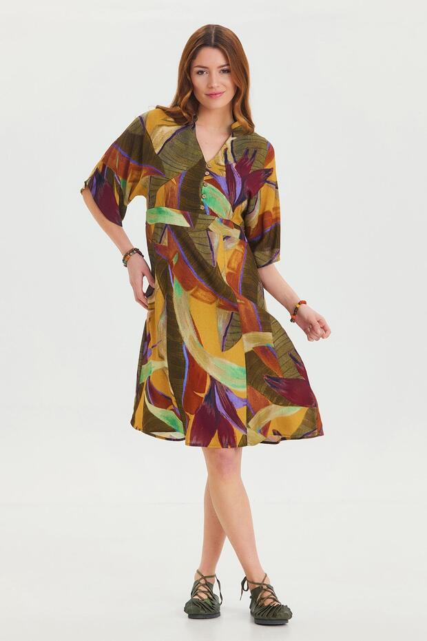 Button Detail V-Neck Short Sleeve Summer Dress