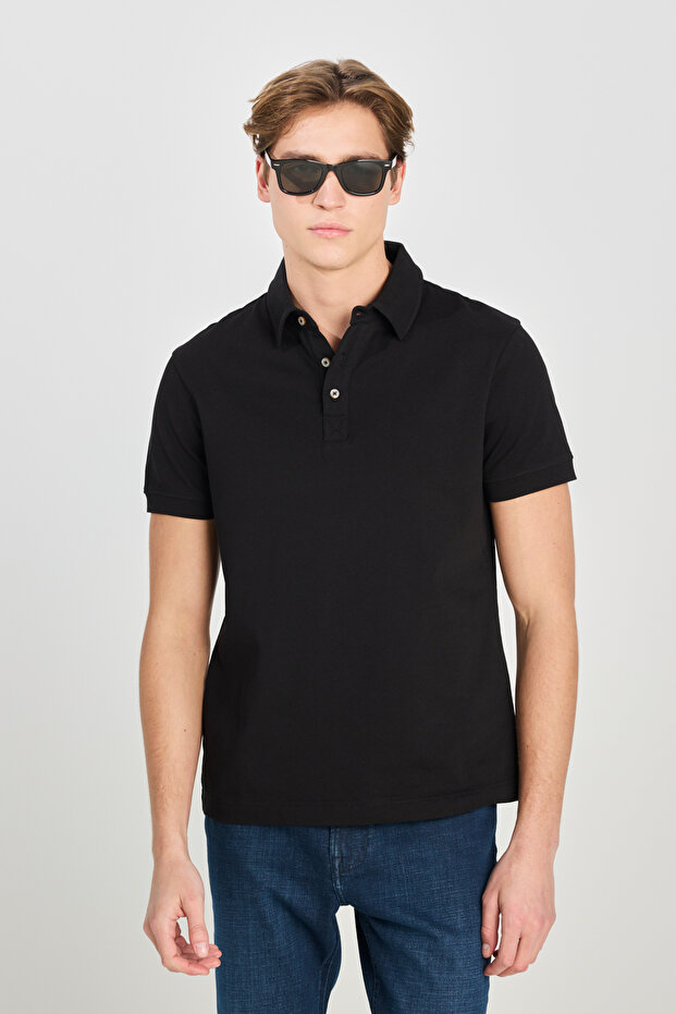 100% Cotton Regular Fit Regular Cut Black Polo Neck T-Shirt