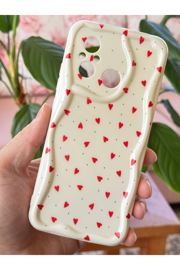 Redmi 12C Case Camera Protected Wave Edge Red Heart Pattern Silicone Cover