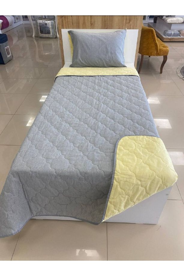 Tek Kişilik Kapitoneli Çift Taraflı Yatak Örtüsü Takımı Genç Çocuk Odası Yatak Örtüsü Gri Sarı - 4