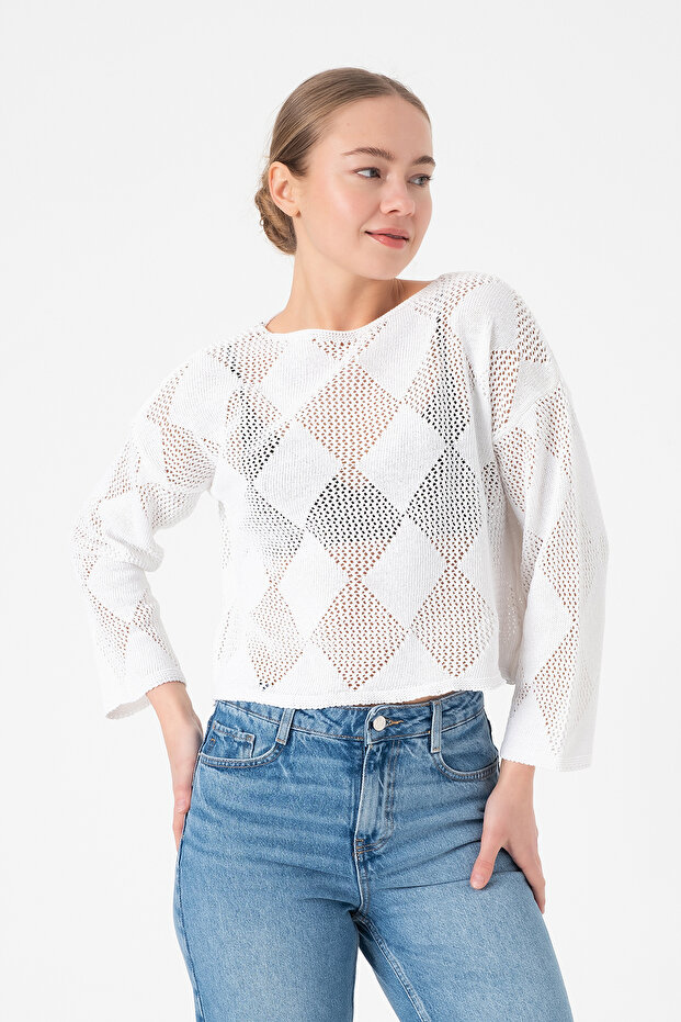 Openwork Seasonal White Knitwear Blouse