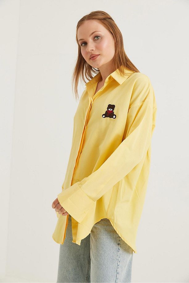 Ayıcık Nakışlı Oversize Basic Gömlek Sarı - 1