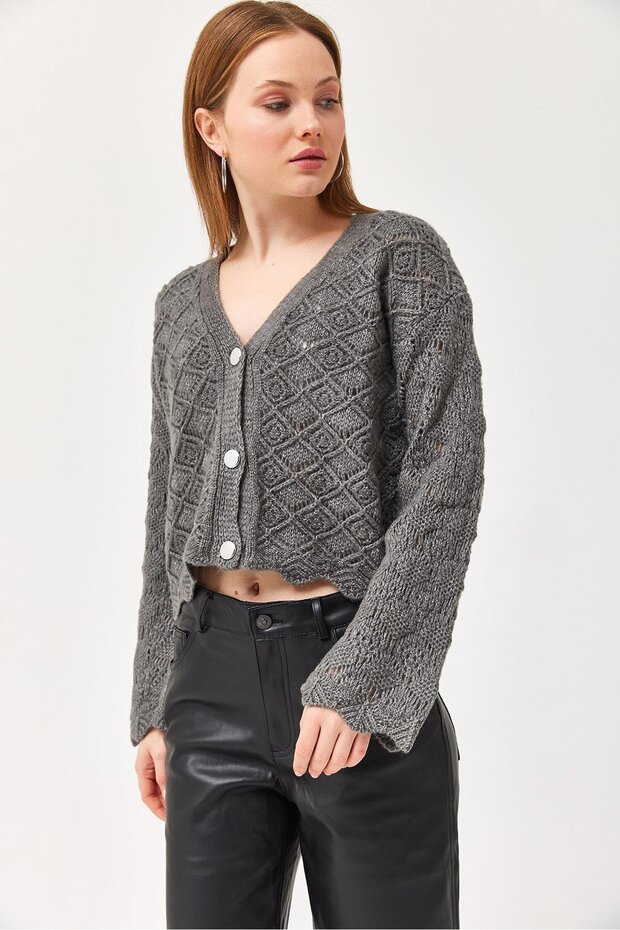Balloon Sleeve Knitted Patterned Crop Knitwear Cardigan Smoked