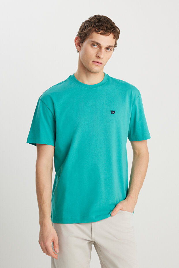 100% Cotton Relaxed Fit Wide Cut Minimal Logo Green T-Shirt