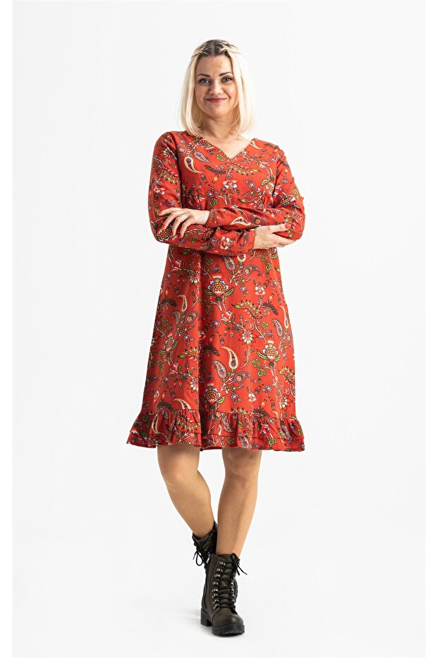 Long Sleeve Velvetin Bade Patterned Short Autumn and Winter Dress Burgundy Brd
