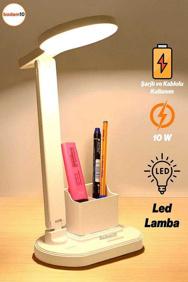 Şarjlı Dokunmatik Ledli 3 Renk Kademeli Işık Masa Üstü Lambası 10w Çocuk Ders Çalışma Okuma Işığı - 1