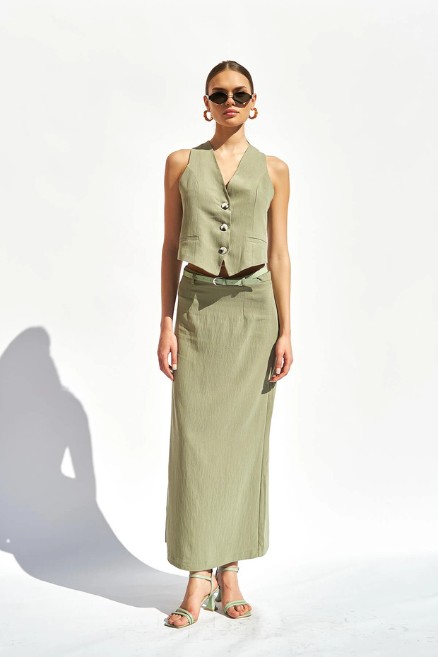 Lefon Women's Midi Back Slit Belted Skirt Vest Set