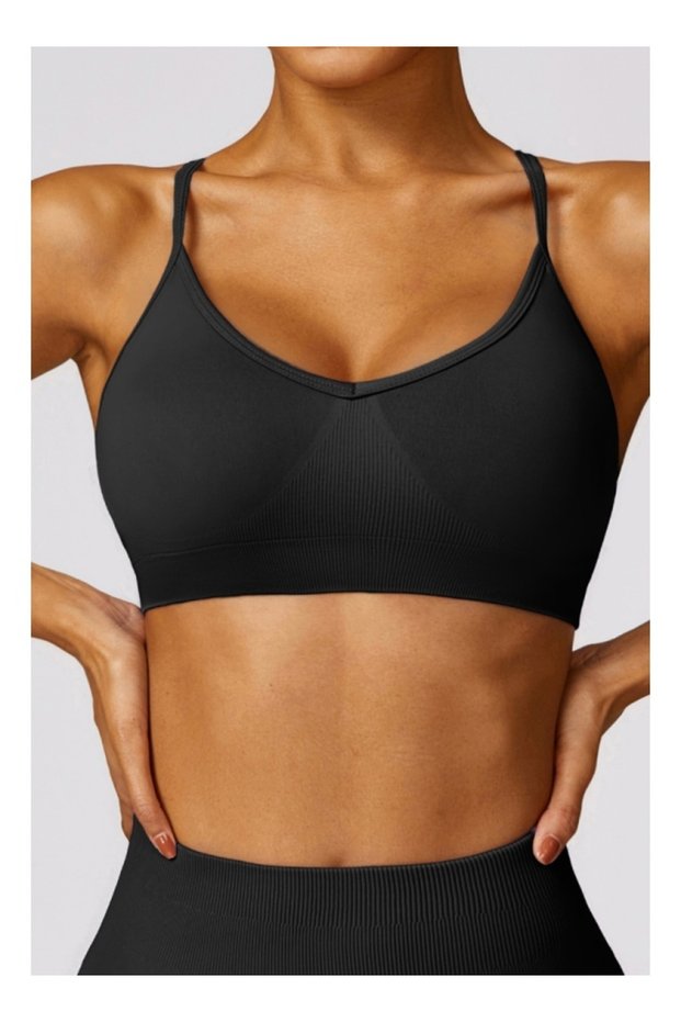 Womens Cross Striped Back Sports Bra - Padded Low Impact Workout Yoga Bra