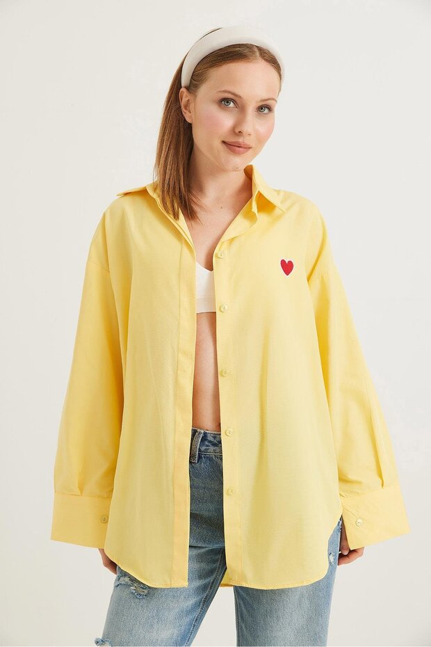 Kalp Nakışlı  Oversize Basic Gömlek Sarı - 2