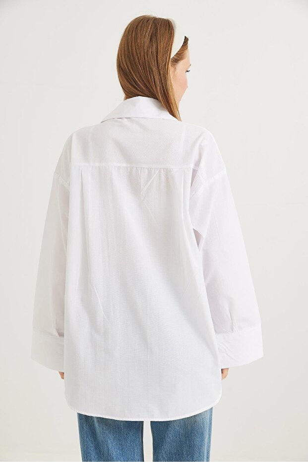Kalp Nakışlı  Oversize Basic Gömlek Beyaz - 5