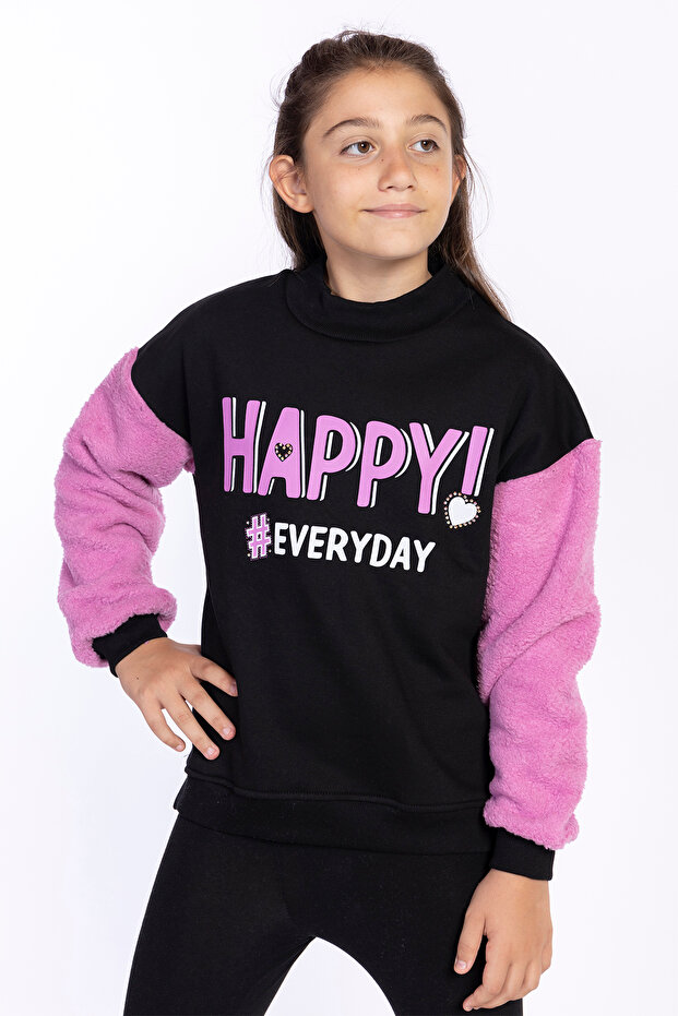 Girl's Plush Detailed Printed Sweatshirt