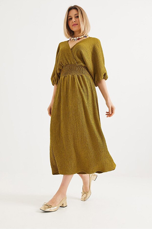 Double Breasted Collar Midi Dress Khaki with Waistband