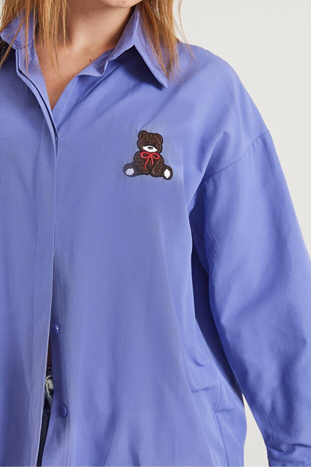 Ayıcık Nakışlı Oversize Basic Gömlek Lila - 4