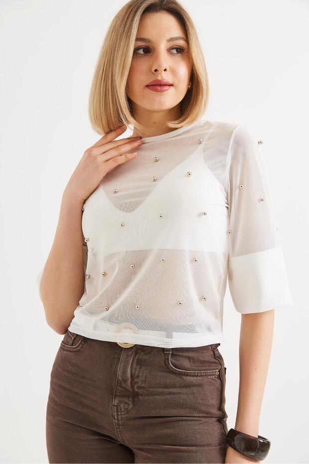 Half Sleeve Transparent Blouse White
