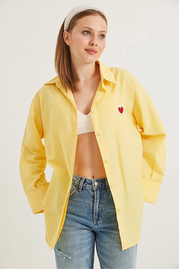 Kalp Nakışlı  Oversize Basic Gömlek Sarı - 3