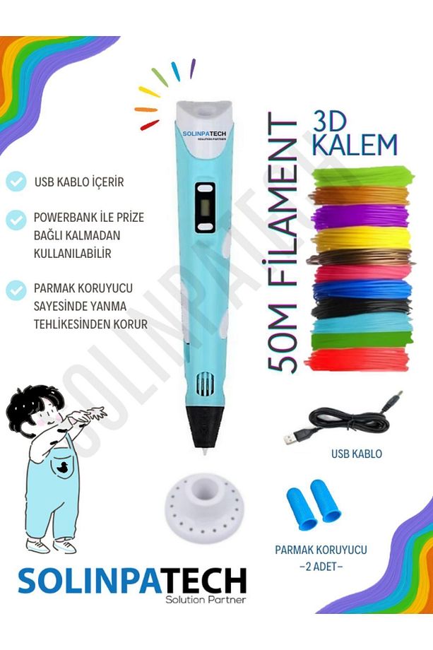 3d Pen Üç Boyutlu Yazıcı Kalem Printer-mavi (10 ADET 5 METRE FİLAMENT-50METRE-VE USB KABLO DAHİL) - 1