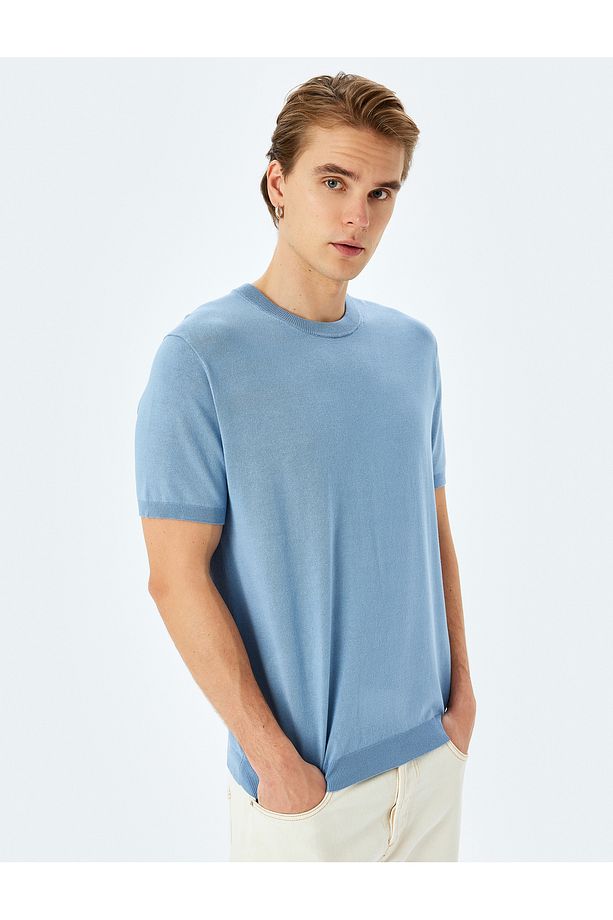 Regular Fit Bisiklet Yaka Viskon Basic Kısa Kollu Triko Tişört - 3