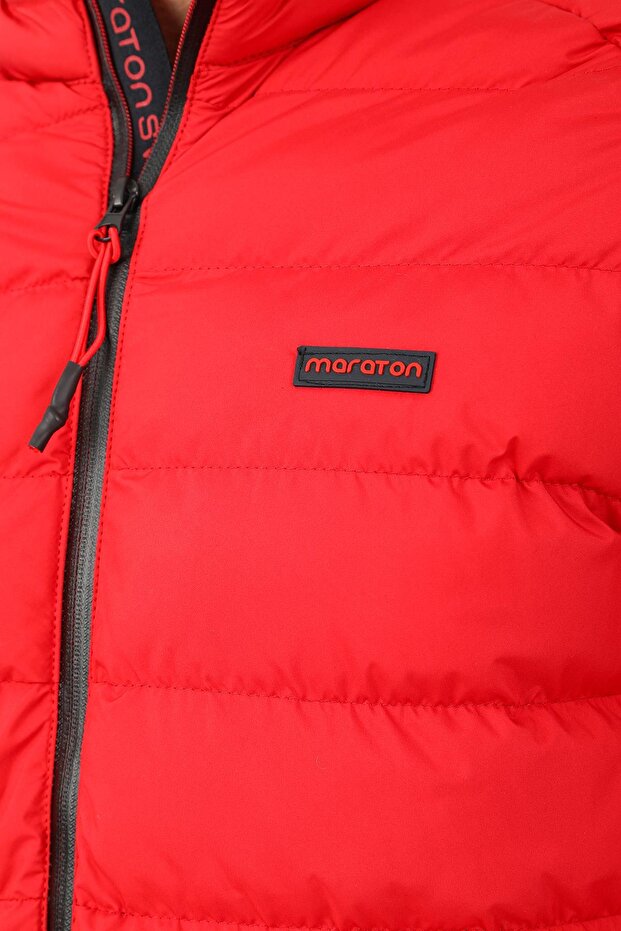 معطف رجالي عادي ياقة مرتفعة متوسطة الطول باللون الأحمر - 5