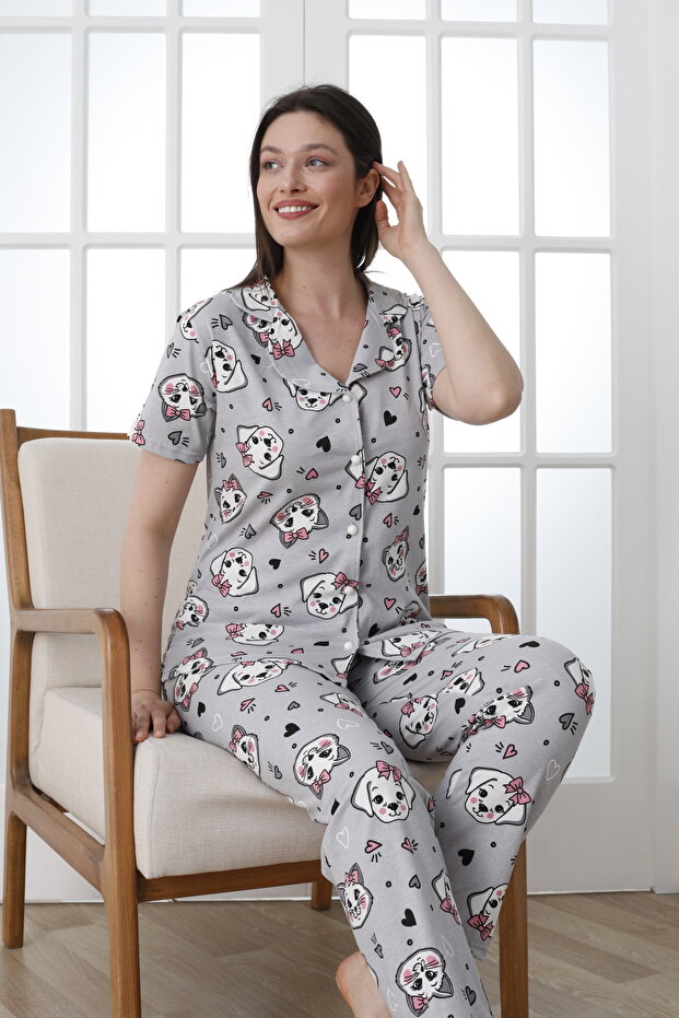 Print Buttoned Short Sleeve Single Jersey Women's Pajama Set - Vg138