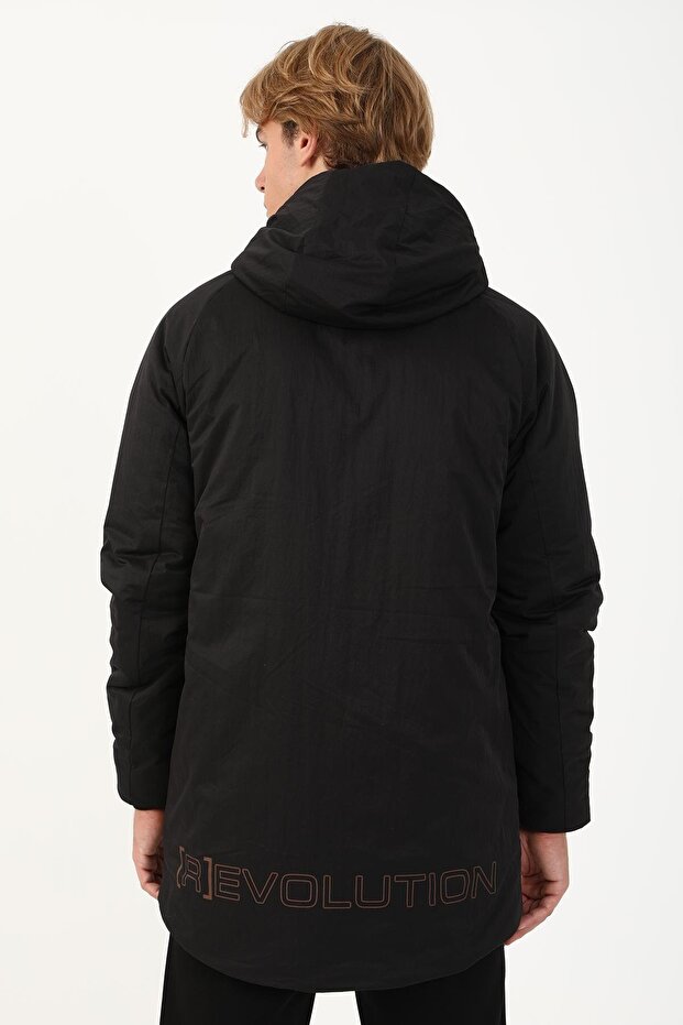 Regular Erkek Kapüşonlu Siyah-Taba Parka - 2