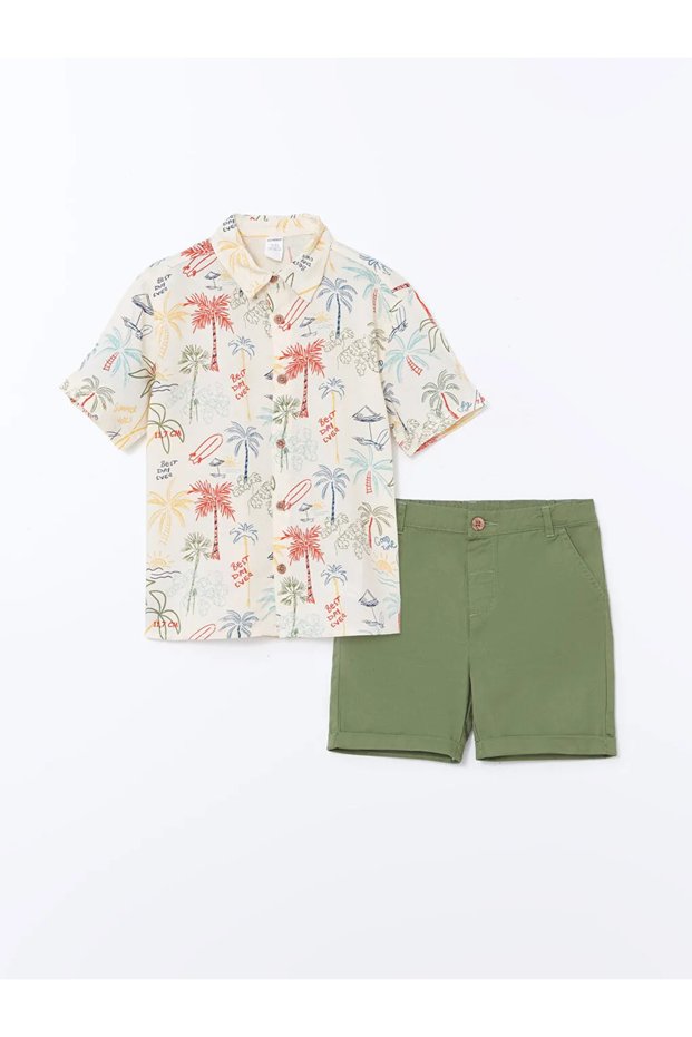 Lcw Kids Beige Printed Cotton Boys' Shirt and Shorts 2-Piece