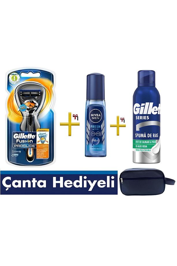 Fusion ProGlide Tıraş Makinesi , Yedek Başlığı , Erkek Deodorant , Gillette Köpük , Seyahat çantası - 1