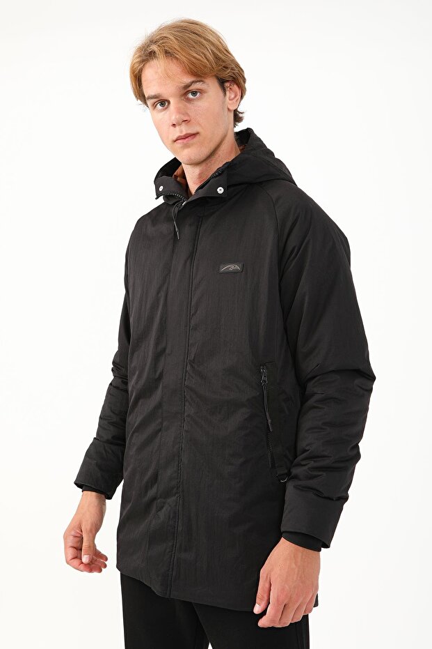 Regular Erkek Kapüşonlu Siyah-Taba Parka - 3