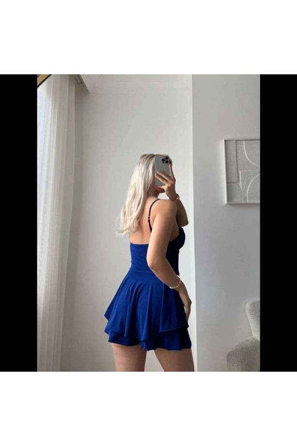 SANDY KUMAŞ ASKILI ŞORTLU MİNİ ELBİSE - 3