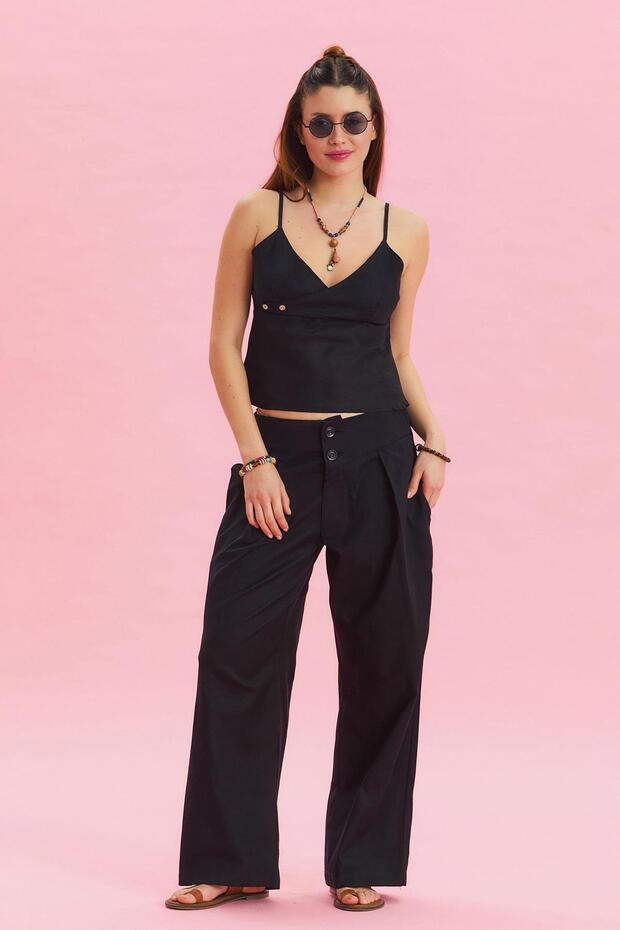 Bohemian Trousers with Pleated Bias Cut Buttons