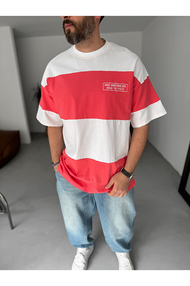 Nar Çiçeği Şeritli Something Nakışlı Oversize T-Shirt JJ-100 - 1