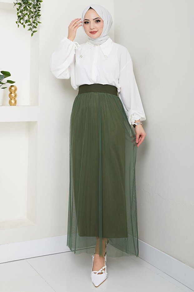 Elastic Waist Tulle Skirt Khaki Hm2704