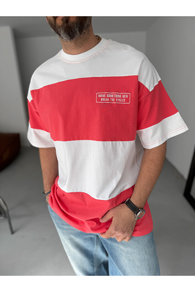 Nar Çiçeği Şeritli Something Nakışlı Oversize T-Shirt JJ-100 - 5