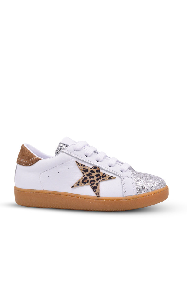 Diamond Girls' and Women's Genuine Leather White Casual Shoes with Sequin Detail