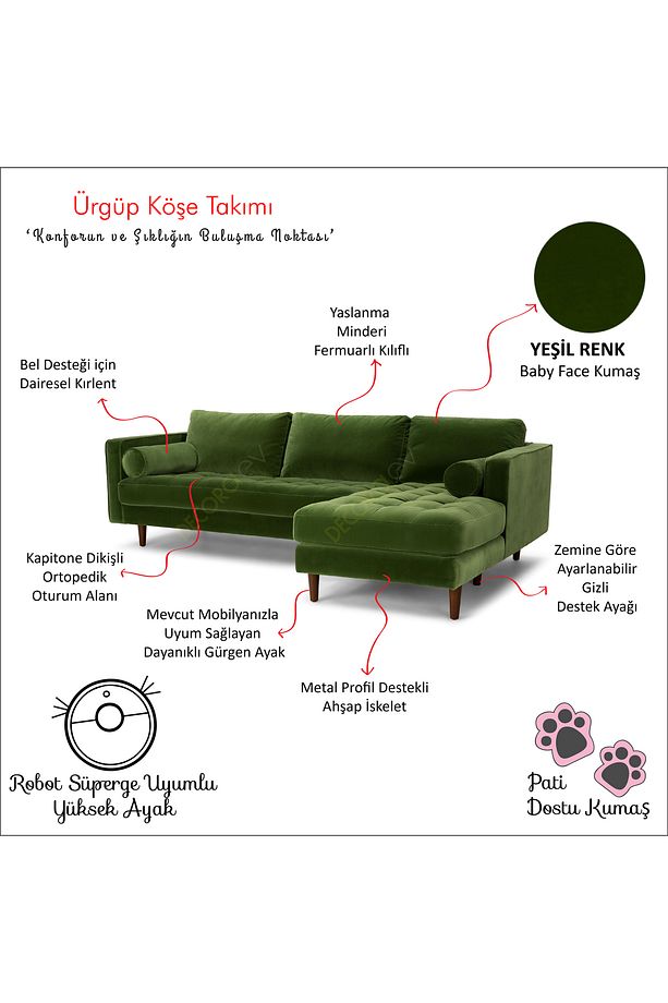 Ürgüp Yeşil Modern Rahat Köşe Takımı Yumuşak Sünger Yüksek Ayak Baby Face Kumaş Pofuduk Sağ Köşe - 3