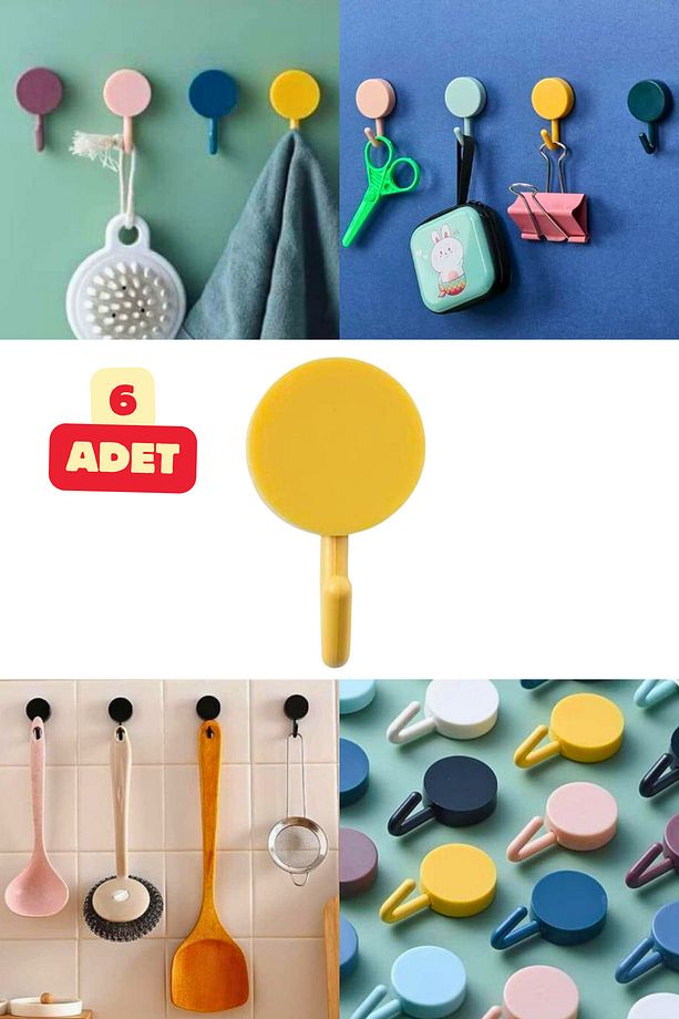 6 Adet Yapışkanlı Kancalı Renkli Duvar Askısı Duvar Kapı Masa Yapışan Pratik Çok Amaçlı Askılık - 1