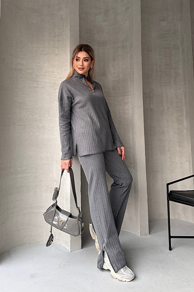 Smoked Zipper Detailed Thin Ribbon Women's Double Suit