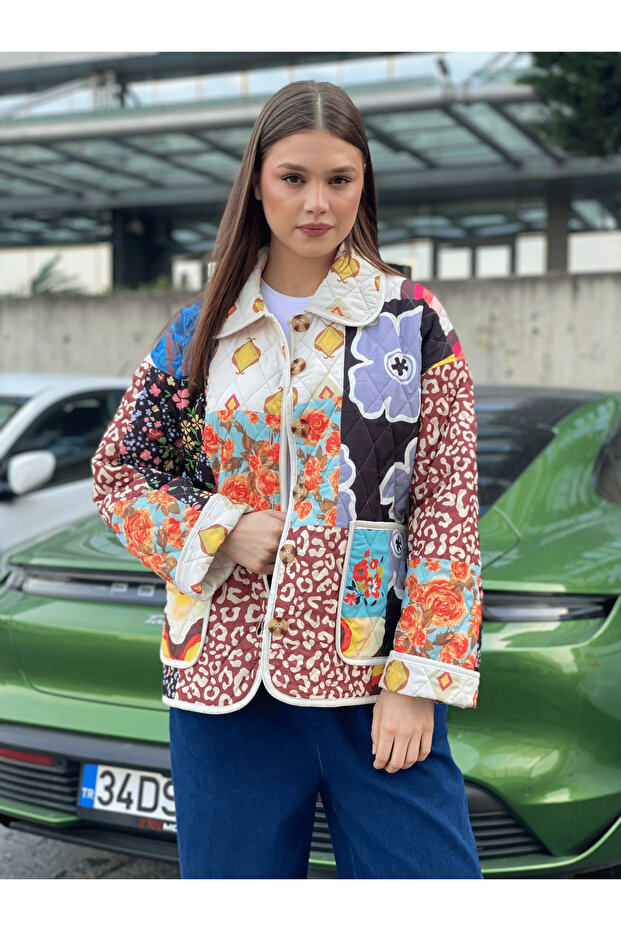 Kadın Patchwork Desenli Oversize Ceket - 1
