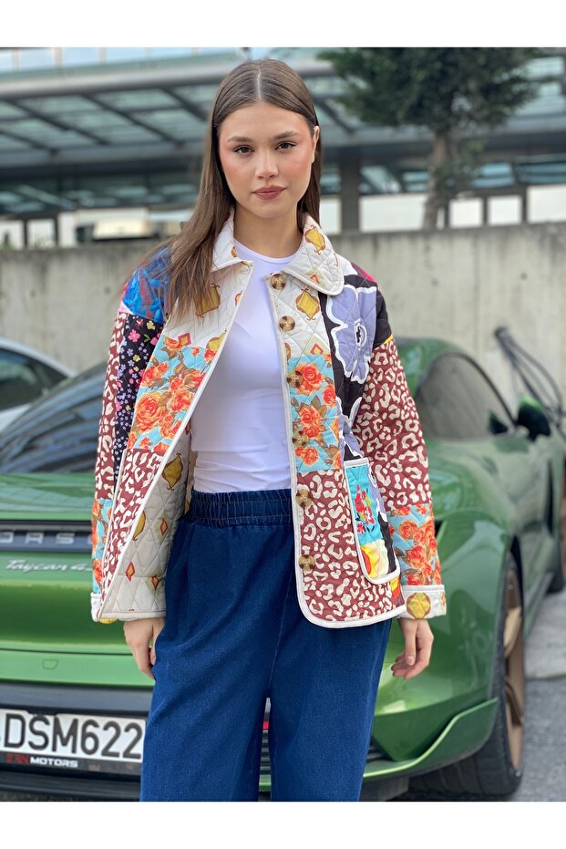 Kadın Patchwork Desenli Oversize Ceket - 4