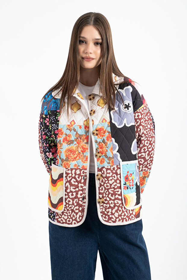 Kadın Patchwork Desenli Oversize Ceket - 3