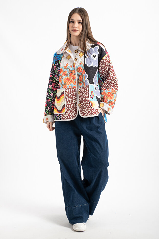 Kadın Patchwork Desenli Oversize Ceket - 2