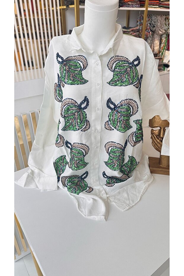 İşlemeli Keten Gömlek - 3