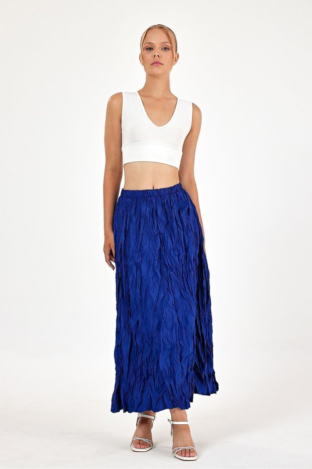 Women's Blue Pleated Bohemian Stylish Long Skirt