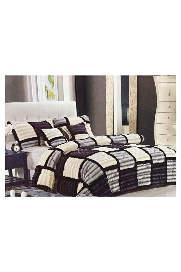 KING SIZE 6 PIECE CHECKERED FAUX FUR GREY & BLACK COMFORTER SET