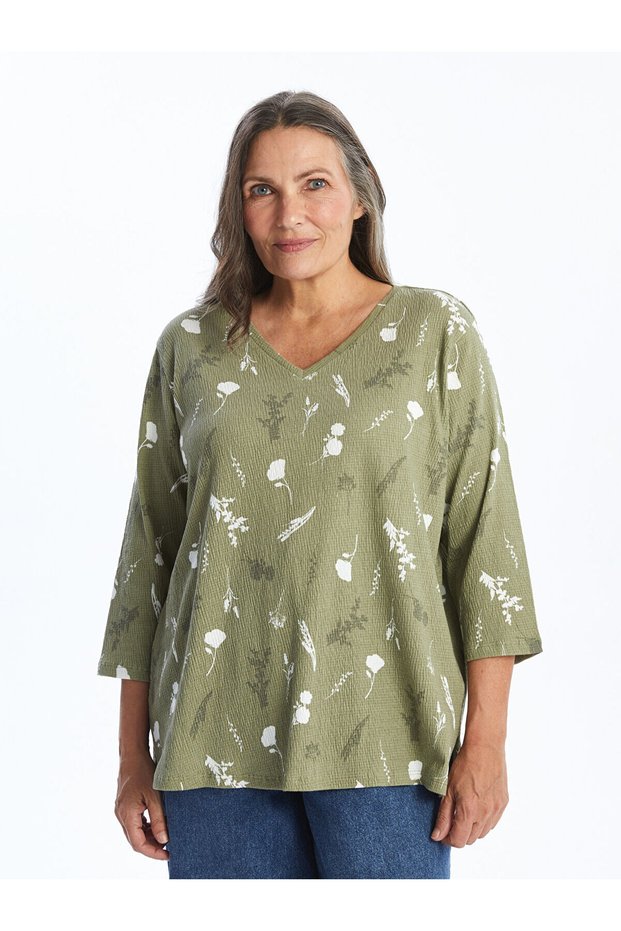 Lcw Grace Green V-Neck Print Women's Blouse