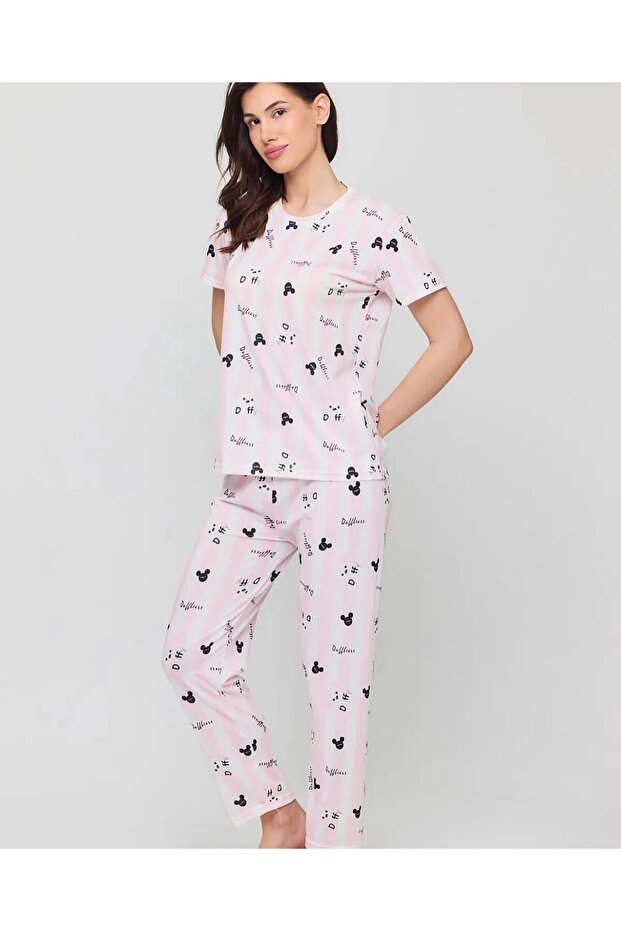 Crew Neck Short Sleeve Pink White Striped Panda Figured Cotton Combed Pajama Set