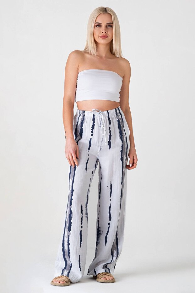 Muslin Trousers Patterned 100% Cotton Natural Fabric with Elastic Waist and Pockets - Gray